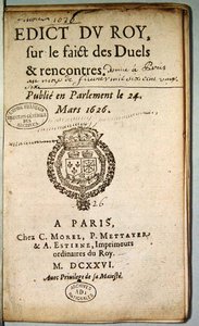 Frontispicio del Edicto del Rey sobre el Hecho de los Duelos y Encuentros, marzo de 1626